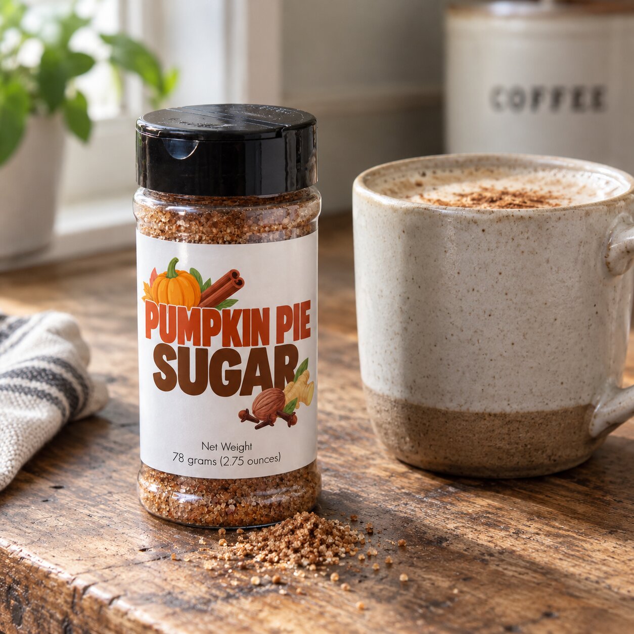 A jar of Pumpkin Pie Sugar spice blend stands on a rustic wooden table next to a ceramic mug filled with a hot beverage, with a blurred coffee canister and plant in the background.