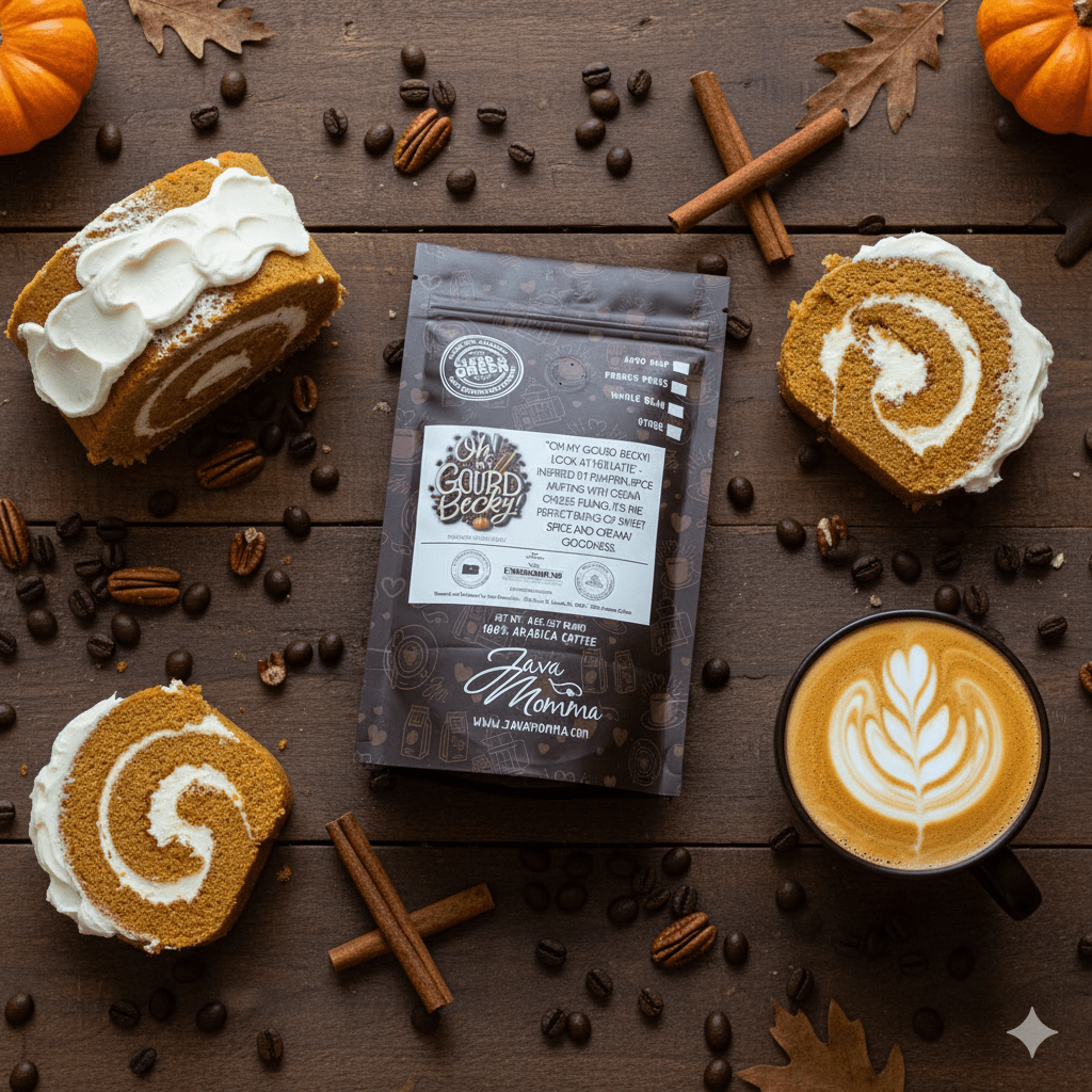 Flat lay of Java Momma Oh My Gourd Becky flavored coffee bag with pumpkin roll slices topped with creamy icing, latte with foam art, cinnamon sticks, and scattered coffee beans – pumpkin roll inspired coffee scene