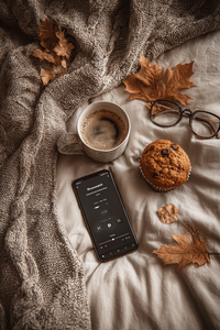 Thumbnail for A cozy scene featuring Spice to Meet You 🧡 Pumpkin Spice Coffee with cinnamon, clove, and nutmeg, a muffin, music on a smartphone, brown-rimmed glasses, autumn leaves, all atop a textured blanket and bedsheet.
