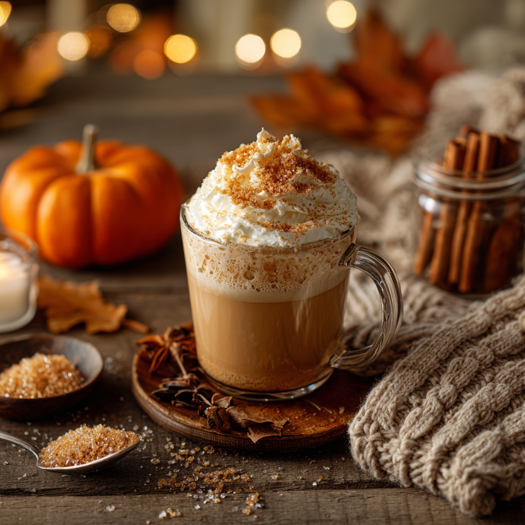 A glass mug of pumpkin spice latte topped with whipped cream and Pumpkin Pie Finishing Sugar 🎃 – Sweet, Spiced & Ready for Fall Sippin sits on a wooden table with a sweater, pumpkins, autumn leaves, spices, and warm fairy lights.
