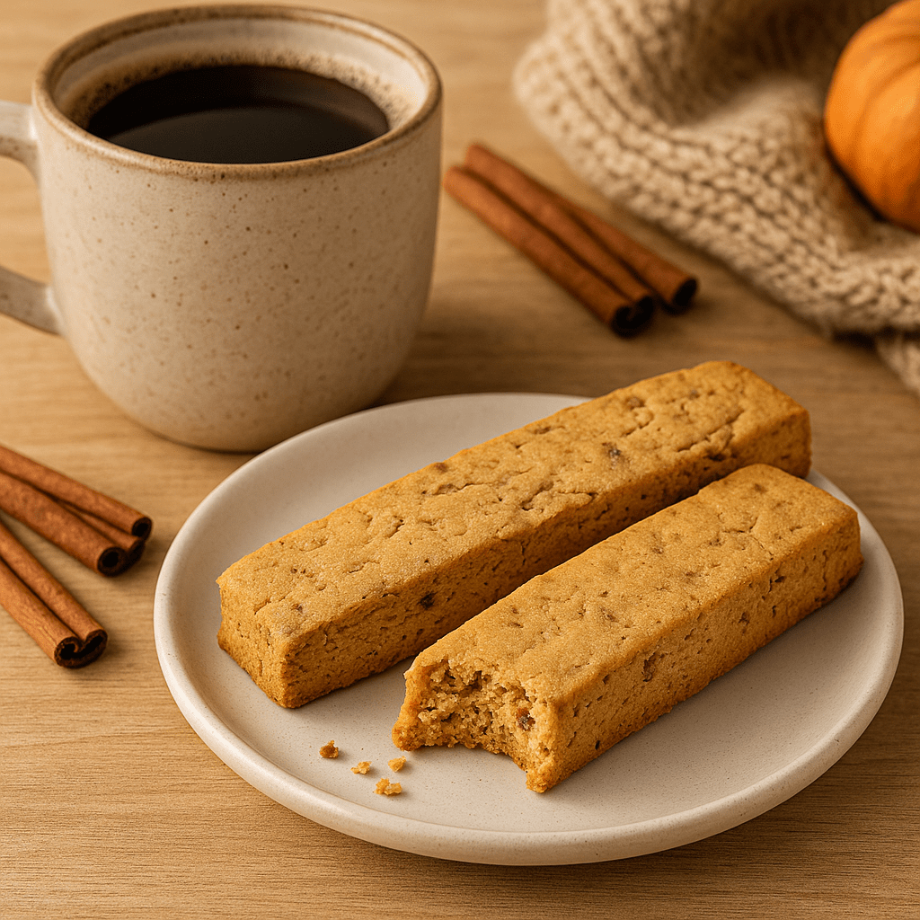 A plate with two Pumpkin Spice Walnut Biscotti Double Pack – Soft-Bite, Spiced, & Seriously Snackable, one partially eaten, sits by a cup of black coffee with cinnamon sticks and a knitted beige cloth on a wooden surface.