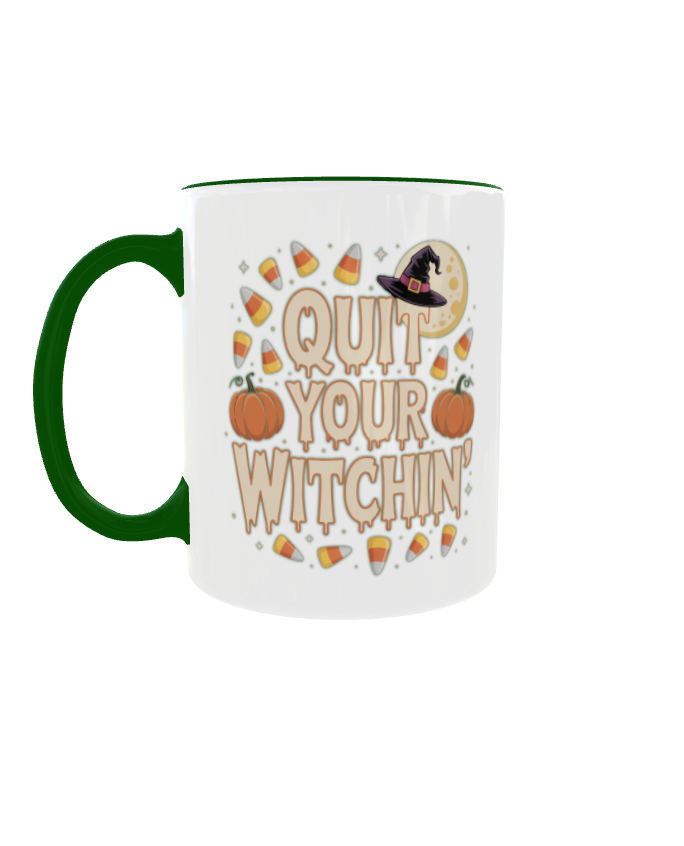 The 🖤 Quit Your Witchin’ Mug – Funny Halloween Coffee Mug is white with a green handle, orange "Quit Your Witchin’" text, and features candy corn, pumpkins, stars, and a witch hat before a full moon—perfect for spooky season!.