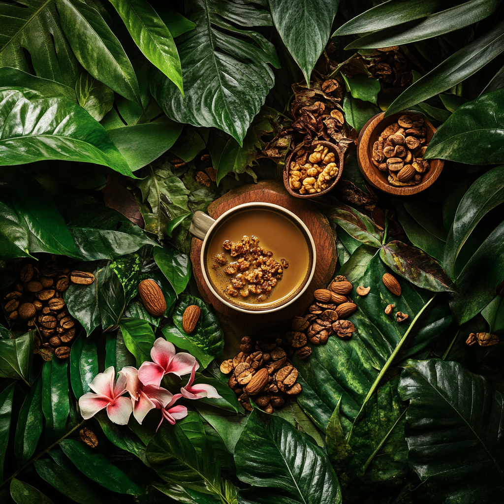 The image features a serene setting with a cup of coffee placed on a wooden table, surrounded by lush greenery. The backdrop of dense rainforest plants creates a calming, tropical atmosphere. The coffee cup rests on a saucer, with a small spoon beside it, and is paired with a few scattered walnuts and shelled nuts on the table. The arrangement suggests a connection to nature, with the rustic elements of the book and nuts enhancing the cozy, earthy vibe. The scene evokes the rich, nutty flavors associated wi