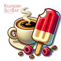 Thumbnail for A cup of Raspberry Silly Bar – Vanilla Crème & Raspberry Shell Flavored Medium Roast sits beside a bitten red-and-white popsicle, surrounded by coffee beans and raspberries. The text reads “Raspberry SillyBar.”.