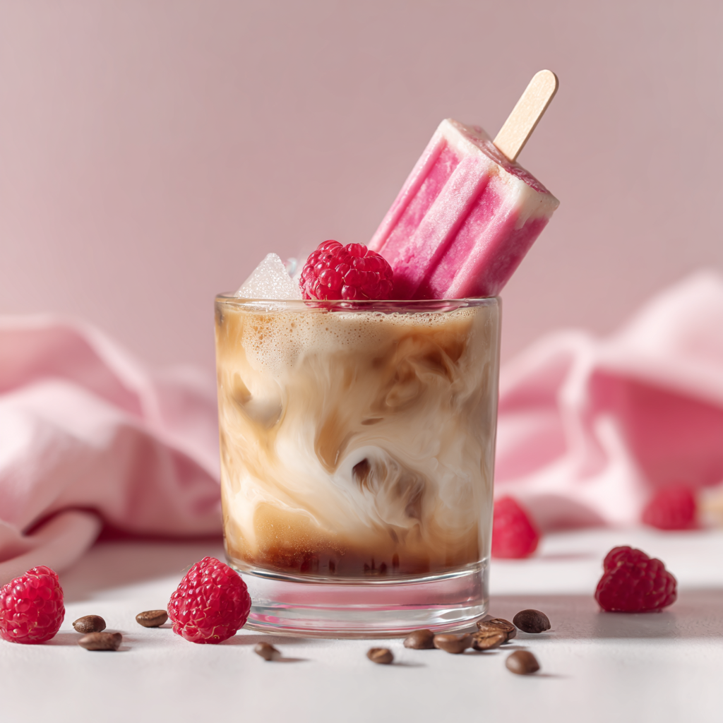 A glass of Raspberry Silly Bar – Vanilla Crème & Raspberry Shell Flavored Medium Roast coffee with milk swirls is topped with a pink raspberry popsicle and fresh raspberries, set on a white surface with scattered beans and raspberries.
