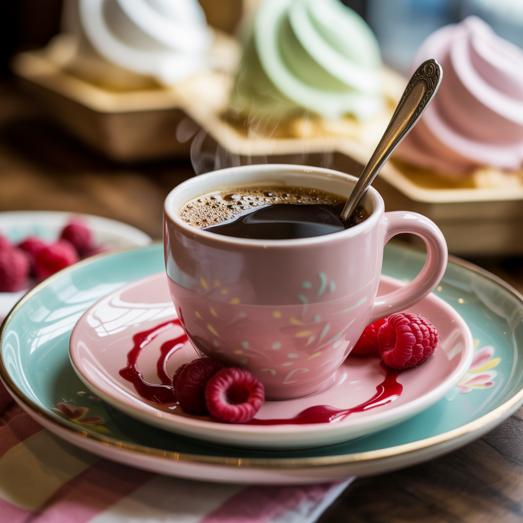 A steaming cup of 💗 Raspberry Silly Bar – Vanilla Crème & Raspberry Shell Flavored Medium Roast sits in a pink floral cup and saucer, garnished with fresh raspberries and sauce, with colorful soft-serve desserts blurred in the background.