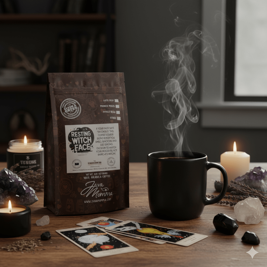 A steaming black mug of keto-friendly Resting Witch Face Coffee | Coffee Liqueur Flavored Medium Roast sits on a wooden table amid lit candles, crystals, tarot cards, and a teasone jar, creating a cozy, mystical vibe.
