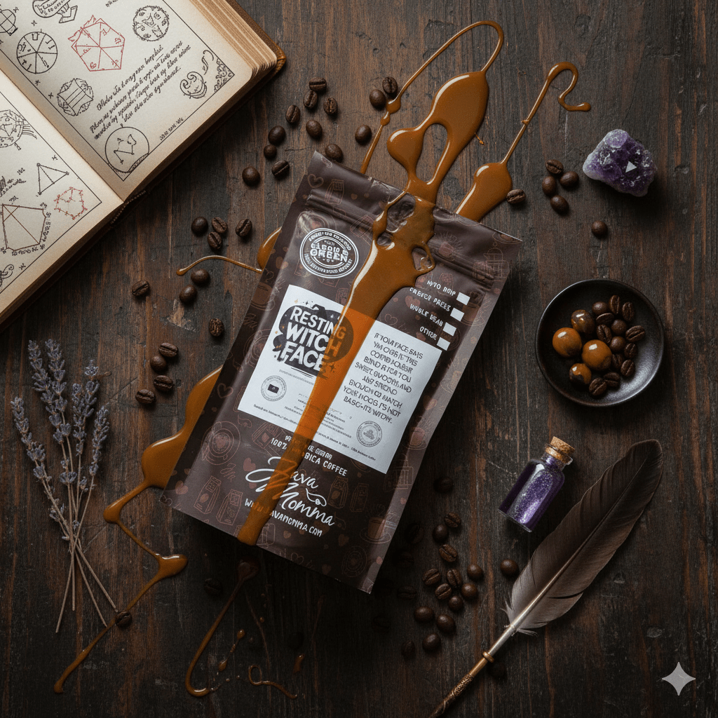 A bag of Resting Witch Face Coffee | Coffee Liqueur Flavored Medium Roast lies on a wooden surface surrounded by spilled caramel, coffee beans, a feather, purple crystal, small vial, open spell book, and caramel candies.