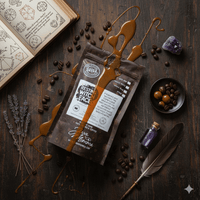 Thumbnail for A bag of Resting Witch Face Coffee | Coffee Liqueur Flavored Medium Roast lies on a wooden surface surrounded by spilled caramel, coffee beans, a feather, purple crystal, small vial, open spell book, and caramel candies.