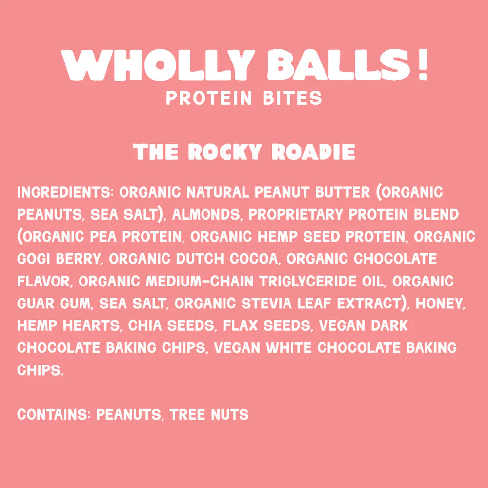 A pink label for The Rocky Roadie – Chocolate Almond White Chip Wholly Balls, a gluten-free plant-based protein snack with peanut butter, almonds, goji berry, chocolate, seeds. Contains peanuts and tree nuts.