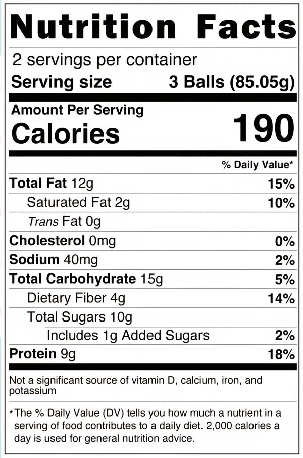 The Rocky Roadie – Chocolate Almond White Chip Wholly Balls has a Nutrition Facts label: 2 servings per container, each serving is 3 balls (85.05g) with 190 calories; includes detailed info on fat, cholesterol, sodium, carbs, fiber, sugars, and protein.