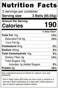 Thumbnail for The Rocky Roadie – Chocolate Almond White Chip Wholly Balls has a Nutrition Facts label: 2 servings per container, each serving is 3 balls (85.05g) with 190 calories; includes detailed info on fat, cholesterol, sodium, carbs, fiber, sugars, and protein.