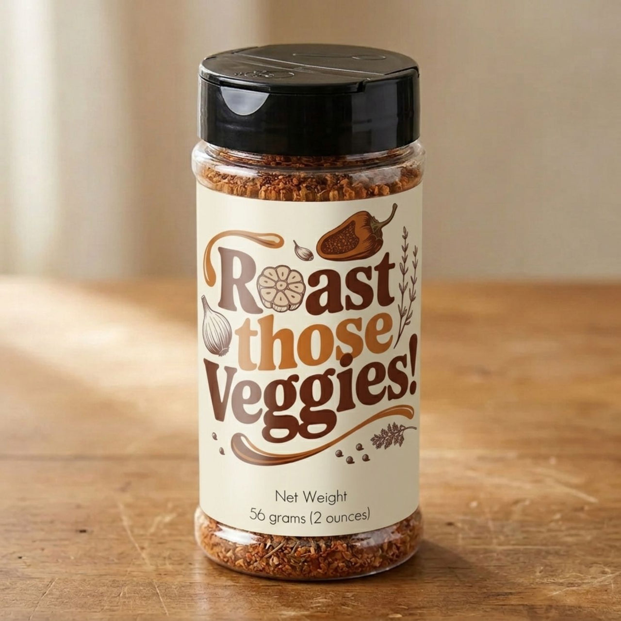 Roast those Veggies Seasoning Blend in a jar on a wooden table, perfect for flavoring roasted vegetables.