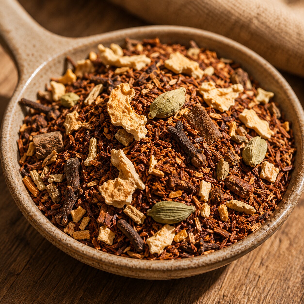 Roobios vanill chai mix including cardamom pods and cinnamon sticks in a ceramic bowl on a wooden surface.