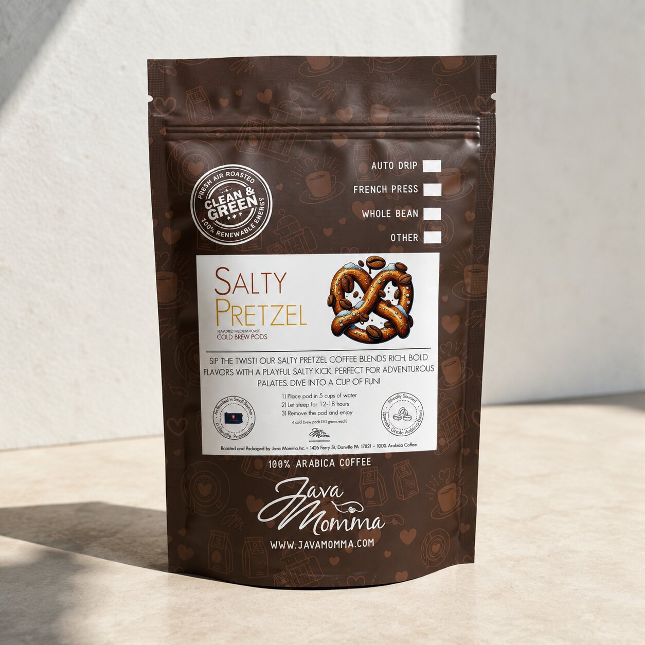 Java Momma Salty Pretzel Cold Brew Pods bag standing on a wood counter