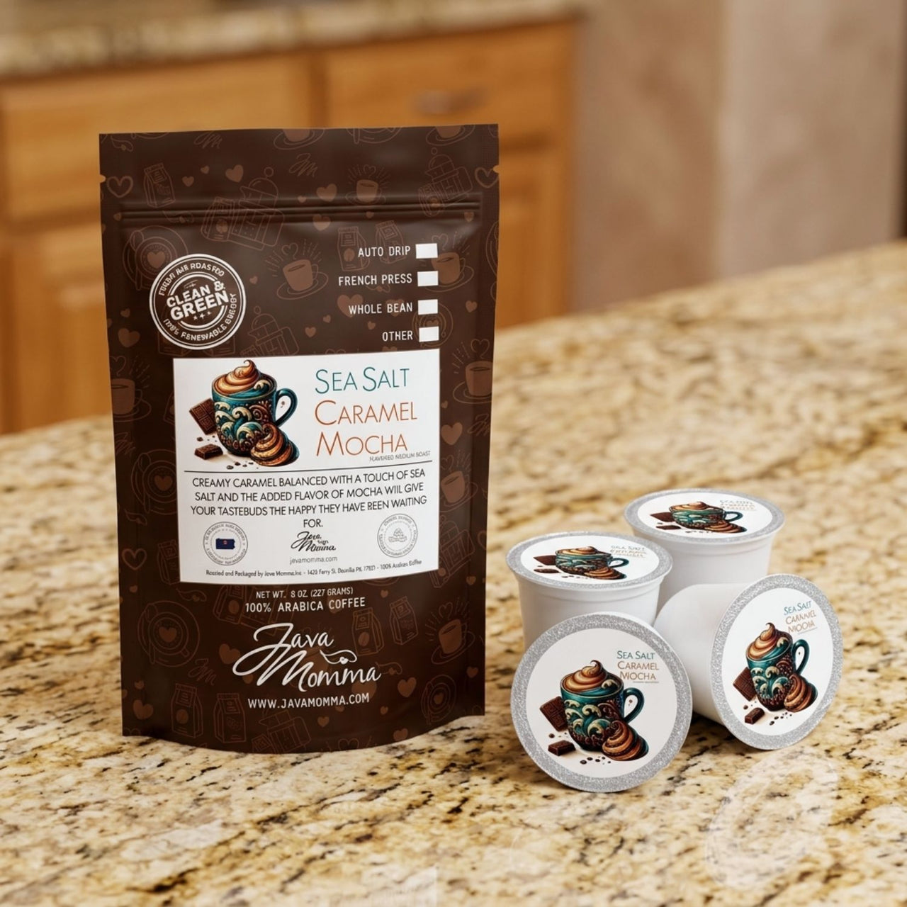 Java Momma Sea Salt Caramel Mocha coffee package with four pods on a countertop.