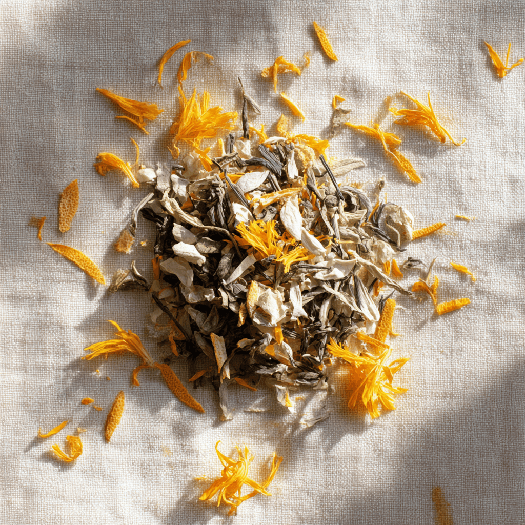 Delicate white tea leaves and citrus ingredients arranged in soft daylight for a calming tea ritual