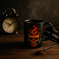 Thumbnail for A steaming black coffee mug featuring vibrant flaming skull artwork sits on a rustic wooden surface. A vintage alarm clock is softly blurred in the background, while scattered coffee grounds and a spoon rest nearby, creating a warm, moody morning atmosphere.