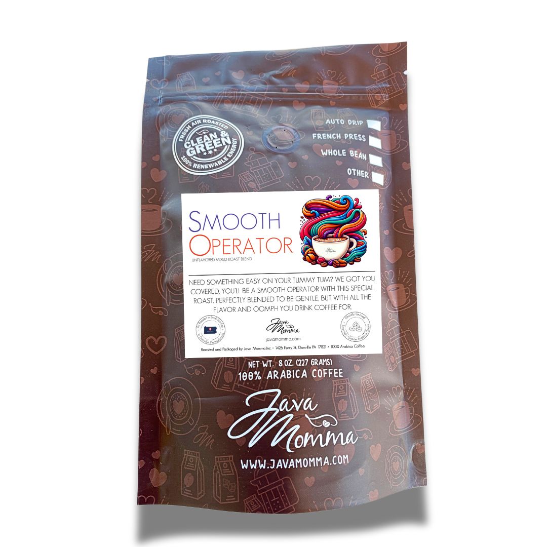 A brown bag of Java Momma Smooth Operator Mixed Roast Blend air-roasted coffee, featuring a colorful abstract cup label. It’s whole bean, 100% Arabica, low acid for sensitive stomachs, and weighs 8 oz (227 g).