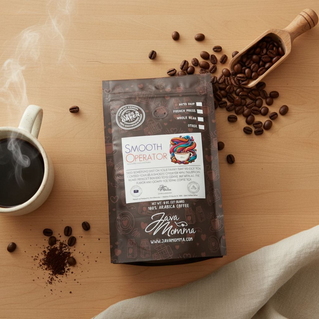 A bag of Smooth Operator Mixed Roast Blend | Low Acid Coffee sits on a wooden table with coffee beans, a steaming mug, a scoop, and a beige cloth—ideal for those seeking gentle coffee for sensitive stomachs.