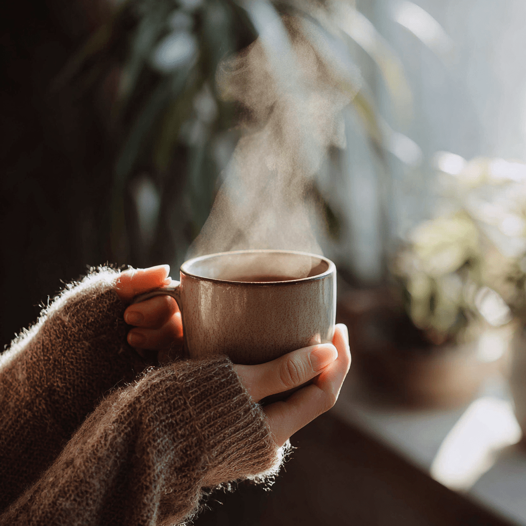 A person in a cozy sweater holds a steaming mug of Smooth Operator Mixed Roast Blend | Low Acid Coffee. Soft sunlight filters through blurred plants behind them, creating a warm and comforting atmosphere.