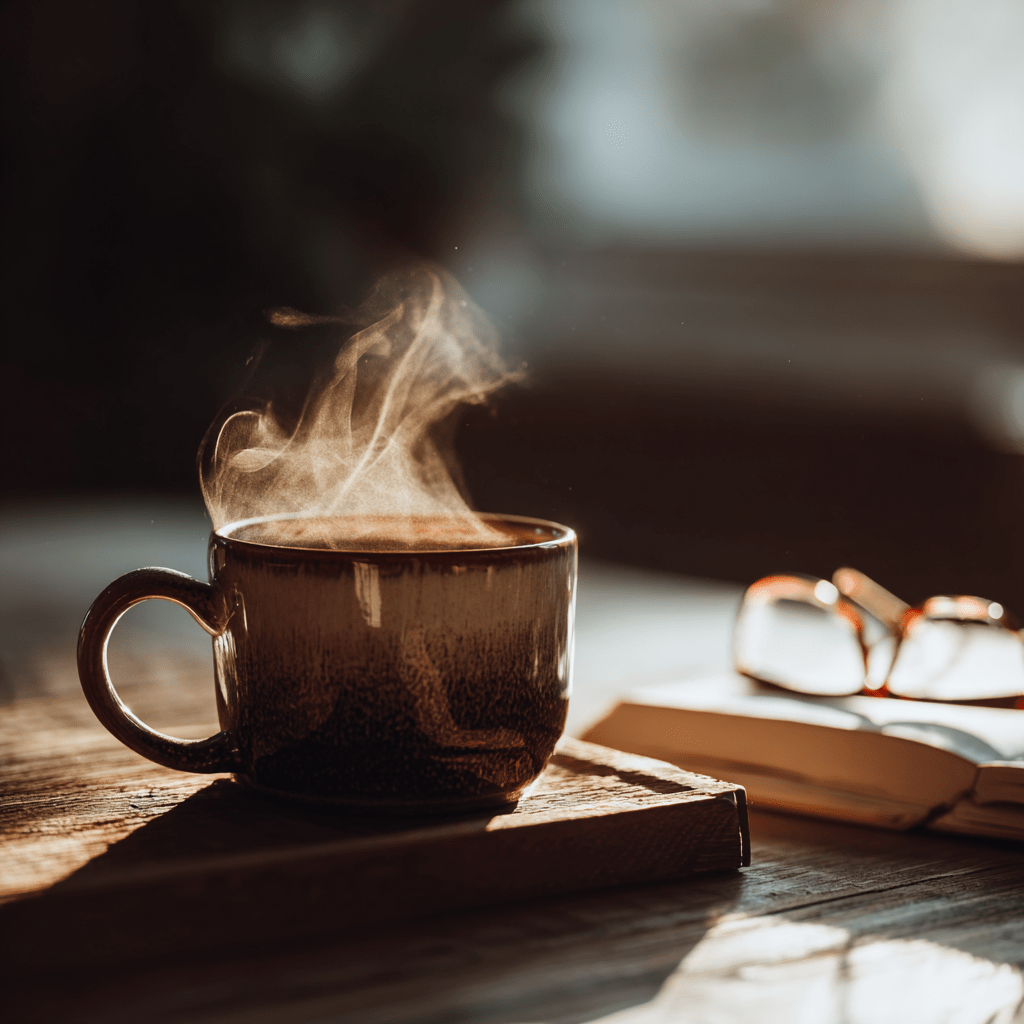 A steaming cup of Smooth Operator Mixed Roast Blend | Low Acid Coffee rests on a wooden table beside an open book and eyeglasses in warm sunlight—ideal for those seeking coffee gentle enough for sensitive stomachs.