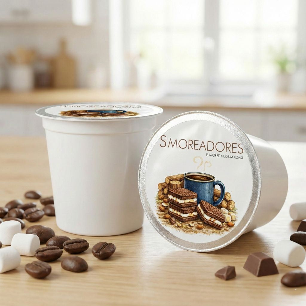 S’moreadores single-serve coffee pods on a wooden surface with coffee beans and marshmallow accents