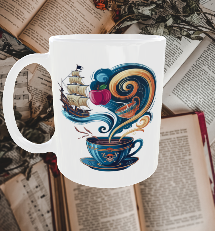 A white ceramic mug with a magical coffee-inspired illustration. The steam rising from the coffee cup transforms into a pirate ship, a teacup, and an apple, representing the Storybook Sips coffee collection. The mug is placed on an open book with a cozy, bookish ambiance.