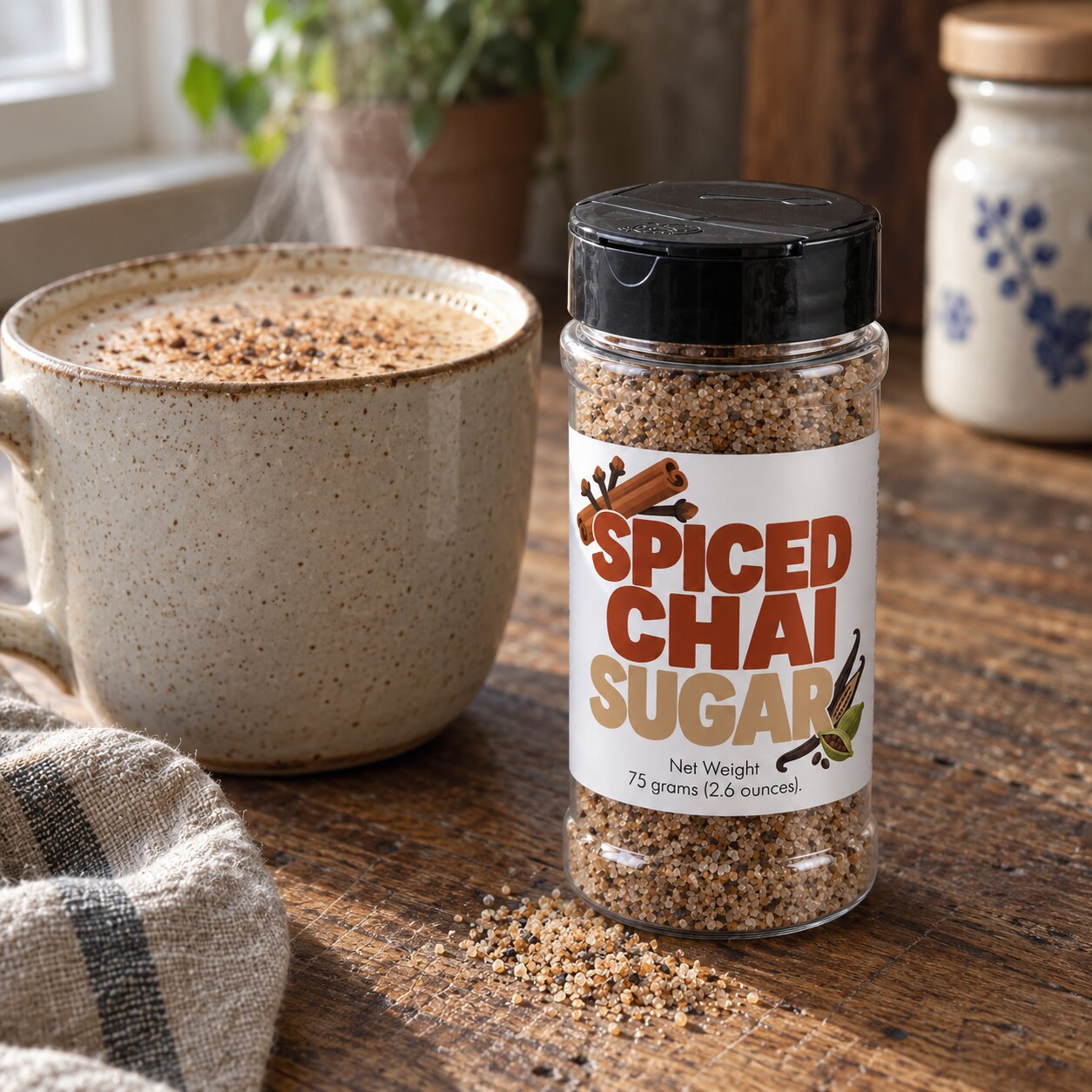 Spiced Chai Sugar Sprinkle bottle next to a steaming cup of chai latte, showcasing warm spices and organic sugar.