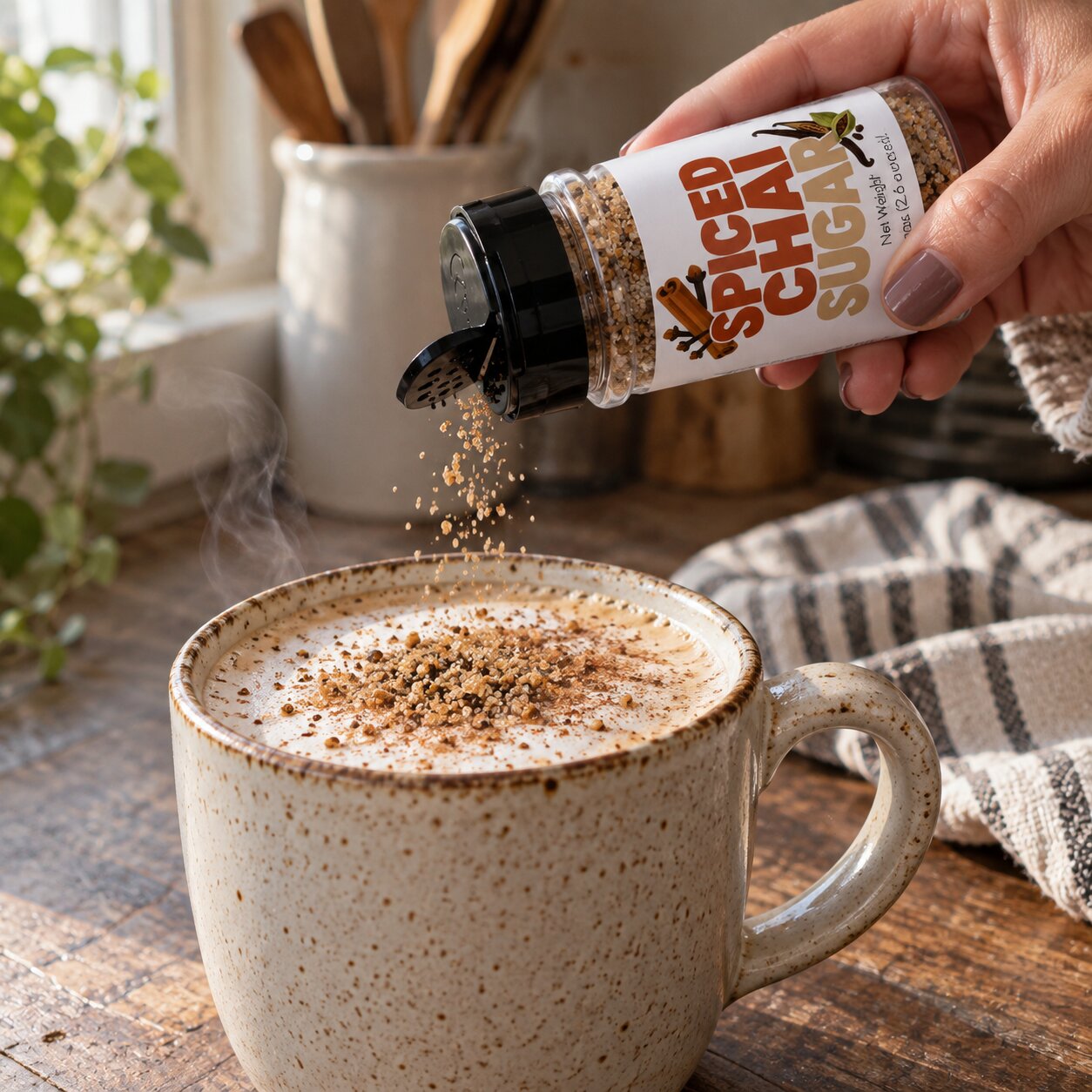 Hand sprinkling Spiced Chai Sugar Sprinkle over a frothy latte in a speckled mug.