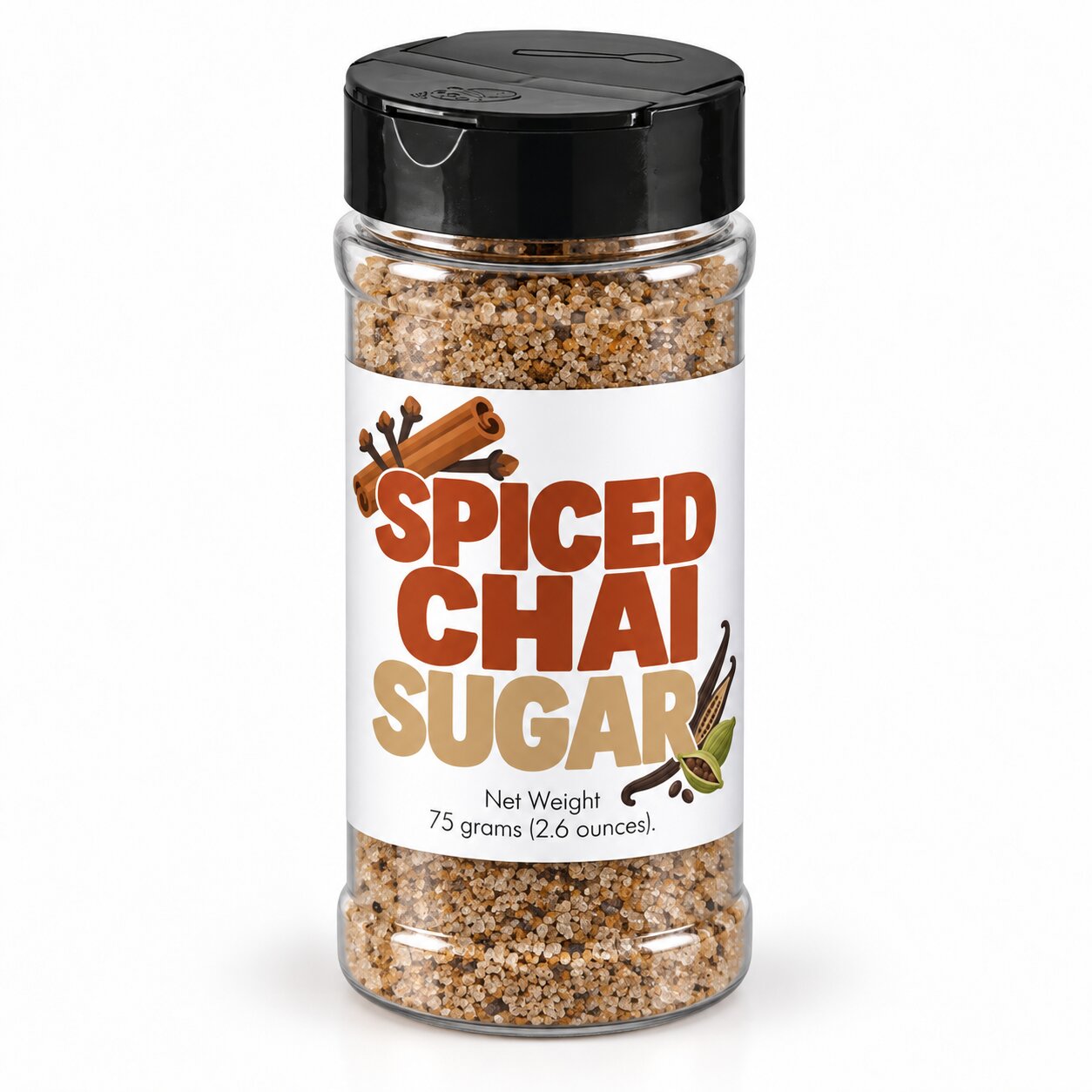 Spiced Chai Sugar Sprinkle in a clear jar, perfect for lattes and desserts, featuring warm spices like cinnamon and vanilla.