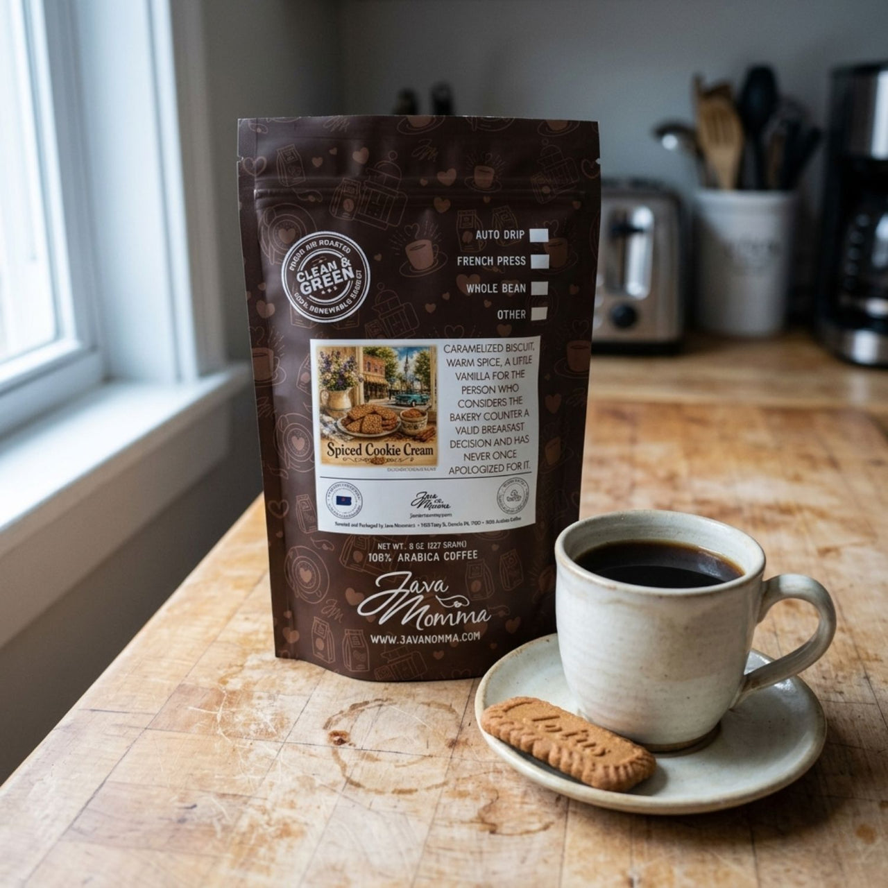Spiced Cookie Cream Coffee bag and cup with cookie on a wooden table