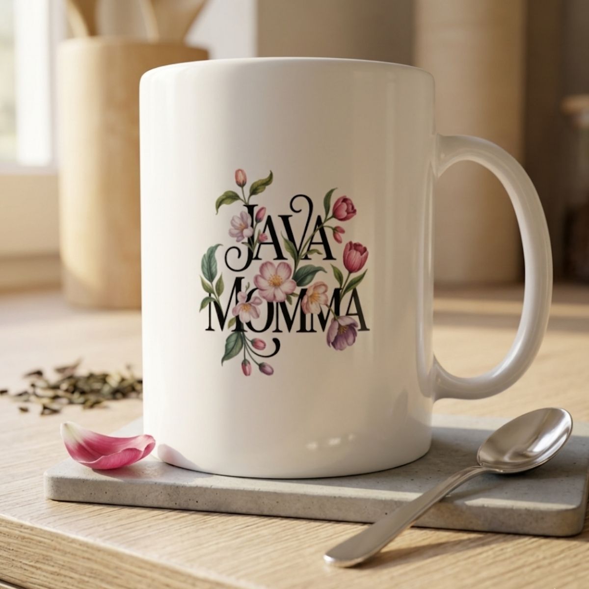 White mug with 'JAVA MOMMA' design on a wooden surface with a spoon and coaster.