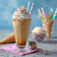 Thumbnail for A glass of iced coffee with whipped cream and rainbow sprinkles sits beside ice cream cones and a bowl of ice cream—perfect for highlighting the 🍦 Sprinkle Sundae Cone: creamy vanilla cone vibes with a rainbow sprinkle finish.