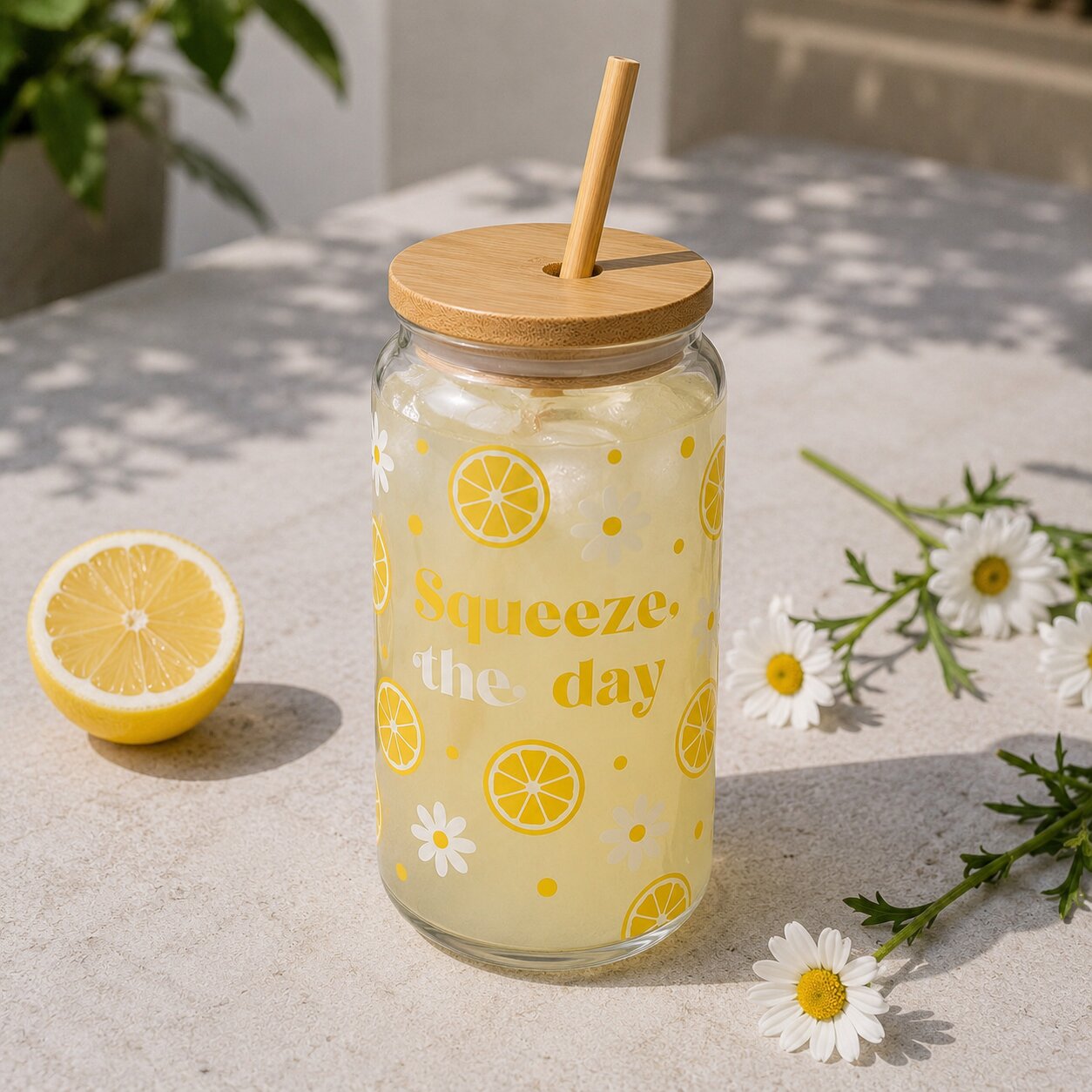 Glass jar with lemon and daisy pattern, wooden lid, and straw on a light surface with lemon and flowers.