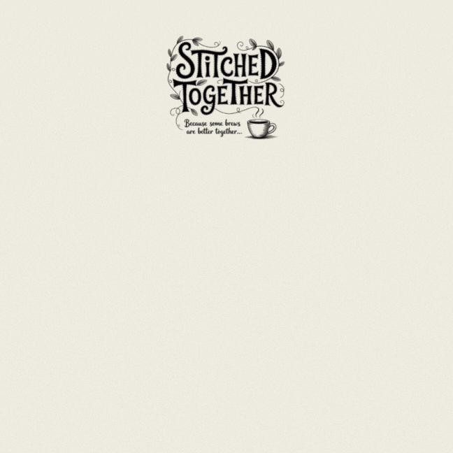 Hand-drawn text at the top reads "Stitched Together Coffee Duo – Pumpkin Spice & Nutty Sweetness for Fall Vibes," with a cup illustration below and the phrase "Because some brews are better together..." on a light background.