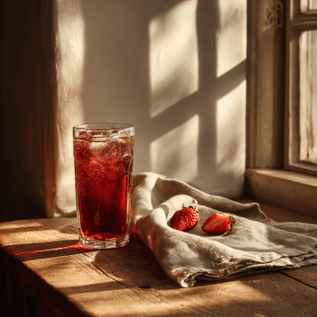 Tall glass of iced strawberry herbal tea with ice cubes on a wooden table near a window, with fresh strawberries on linen cloth.