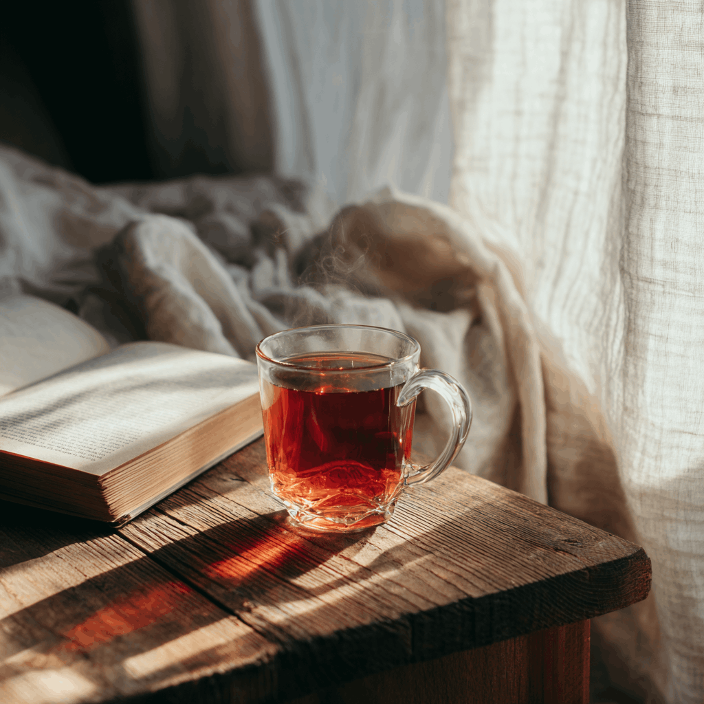 Glass mug of hot strawberry herbal tea on a rustic wooden table beside an open book with soft window light and steam rising.