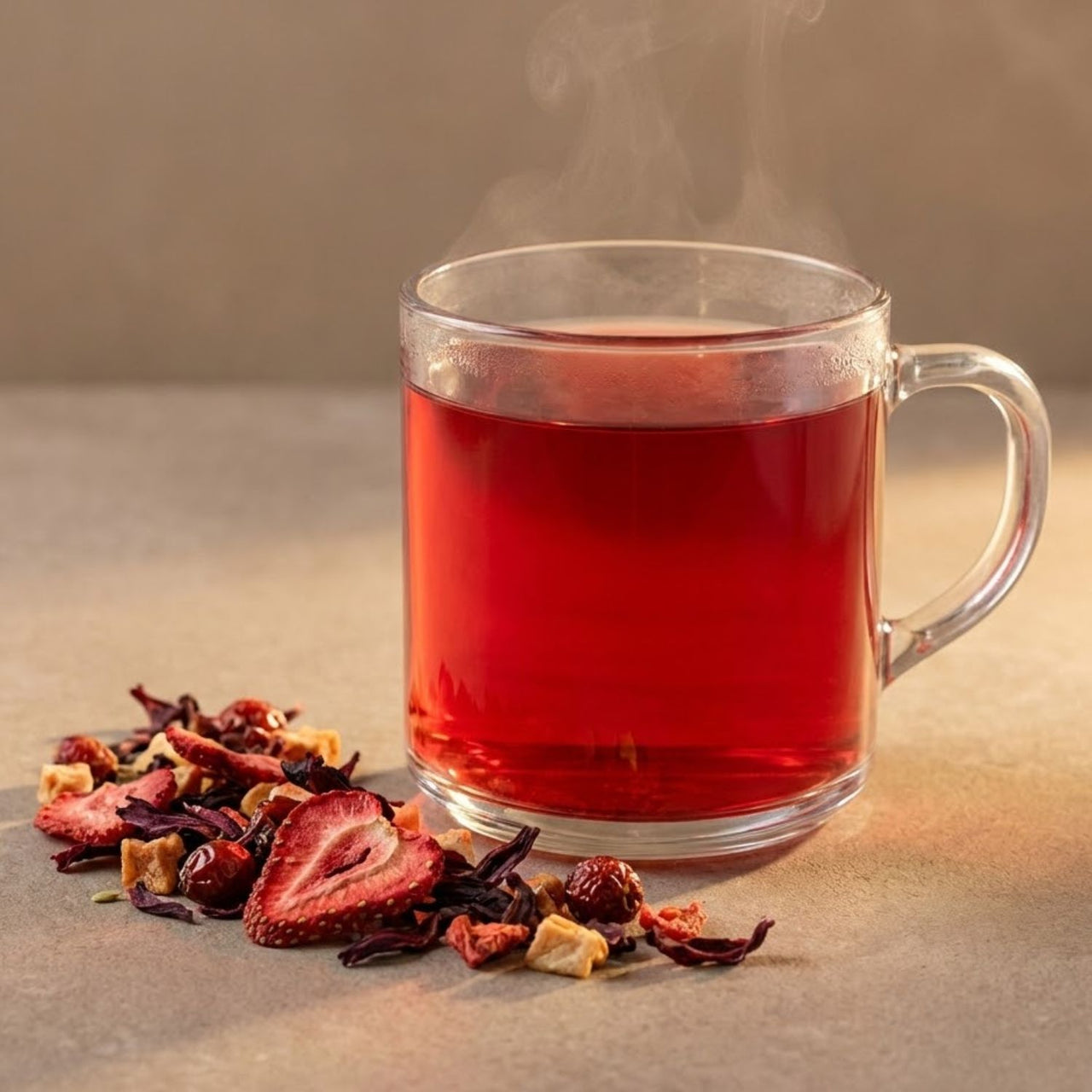 Clear glass mug filled with deep red strawberry herbal tea next to loose dried fruit and hibiscus blend on a neutral background.