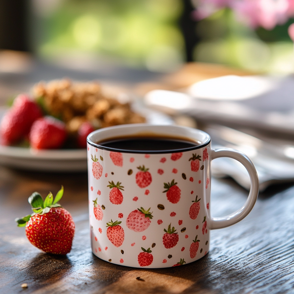 A charming white coffee mug adorned with strawberry illustrations sits filled with rich strawberry velvet crumble coffee, capturing the essence of spring. Fresh strawberries and a golden crumble dessert rest on a plate in the softly blurred background, creating a warm and inviting Easter-inspired coffee moment.