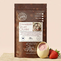 Thumbnail for Coffee package labeled 'Strawberry Velvet Crumble' with a strawberry and cream dessert on a beige background
