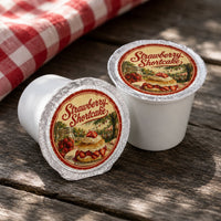 Thumbnail for Two Strawberry Shortcake flavored coffee cups on a wooden surface with a checkered cloth in the background.