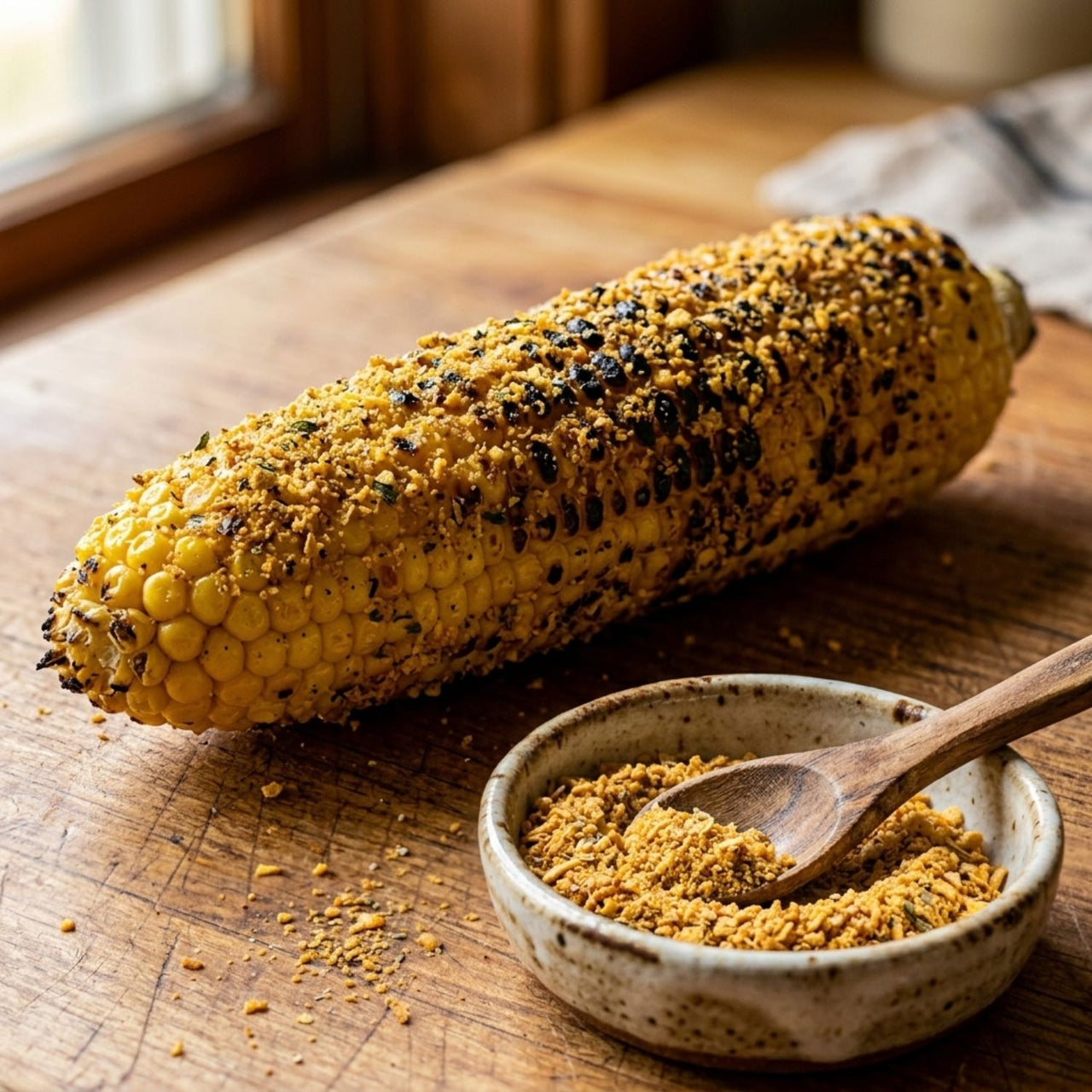 Street Corn Seasoning Blend on grilled corn with seasoning in a bowl, capturing the essence of street corn.
