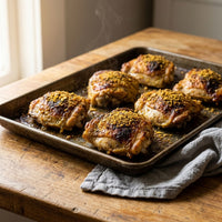 Thumbnail for Juicy street corn seasoning blend chicken thighs on a baking tray, golden and crisp, ready to serve.