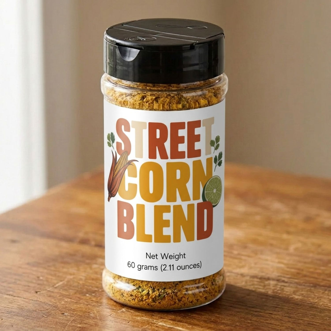 Street Corn Seasoning Blend bottle on a wooden table showcasing the delicious seasoning mix for street corn.