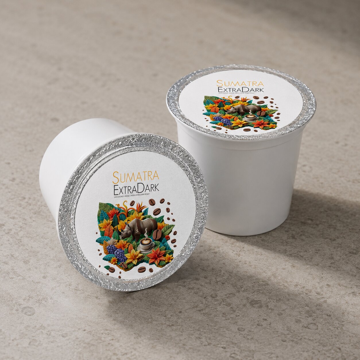Two Java Momma Sumatra Extra Dark single-serve coffee pods on a kitchen counter