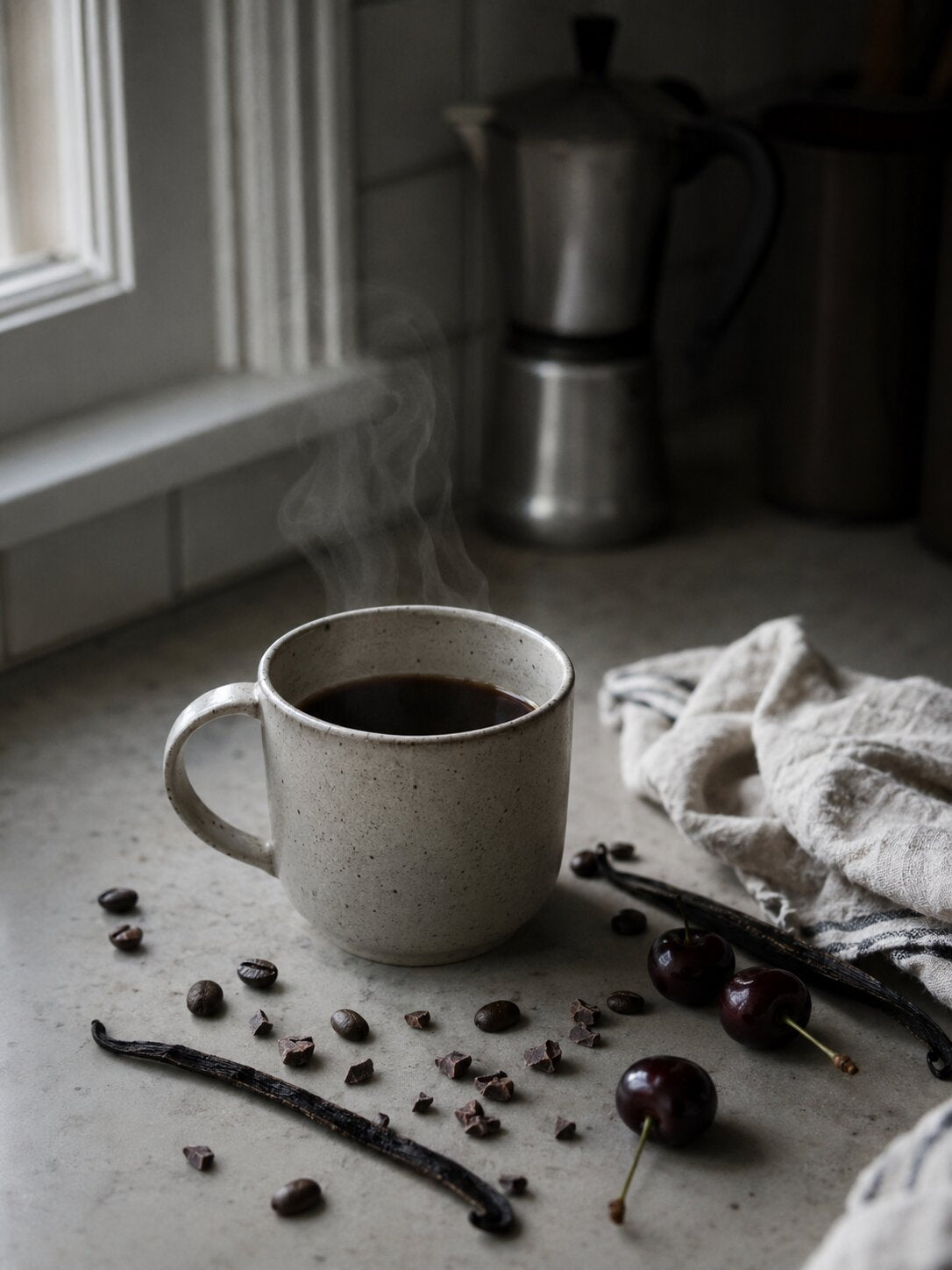 Steaming coffee mug on a kitchen counter with cherries and vanilla beans.