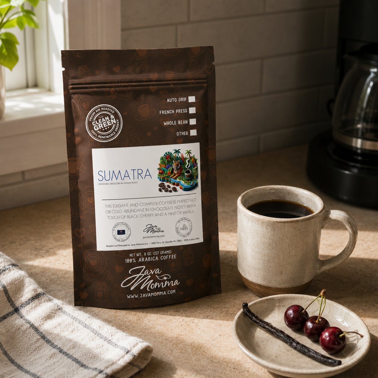 Java Momma Sumatra Medium Roast coffee bag next to a mug of coffee with a few fresh cherries and a vanilla bean pod