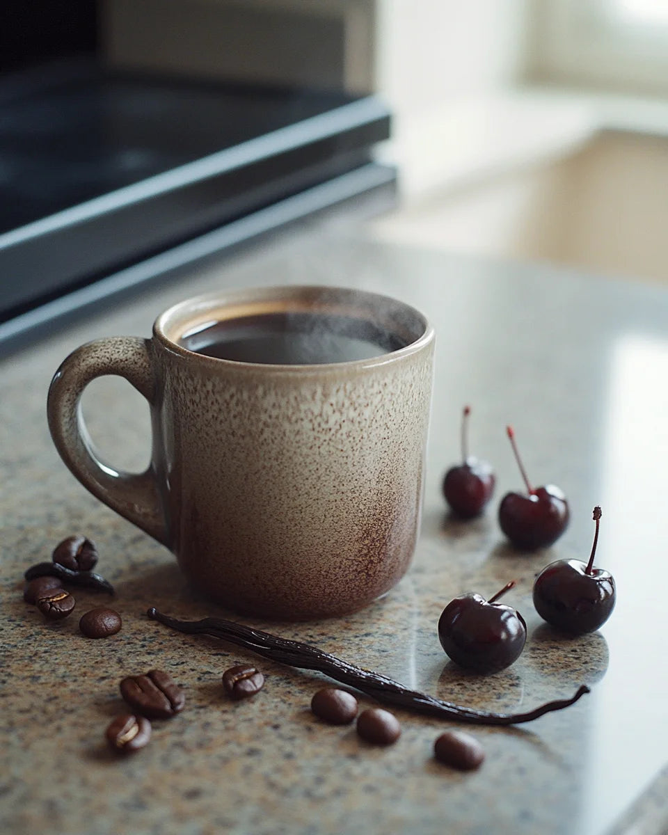 Ceramic mug with steaming coffee on a kitchen counter with cherries and vanilla beans.