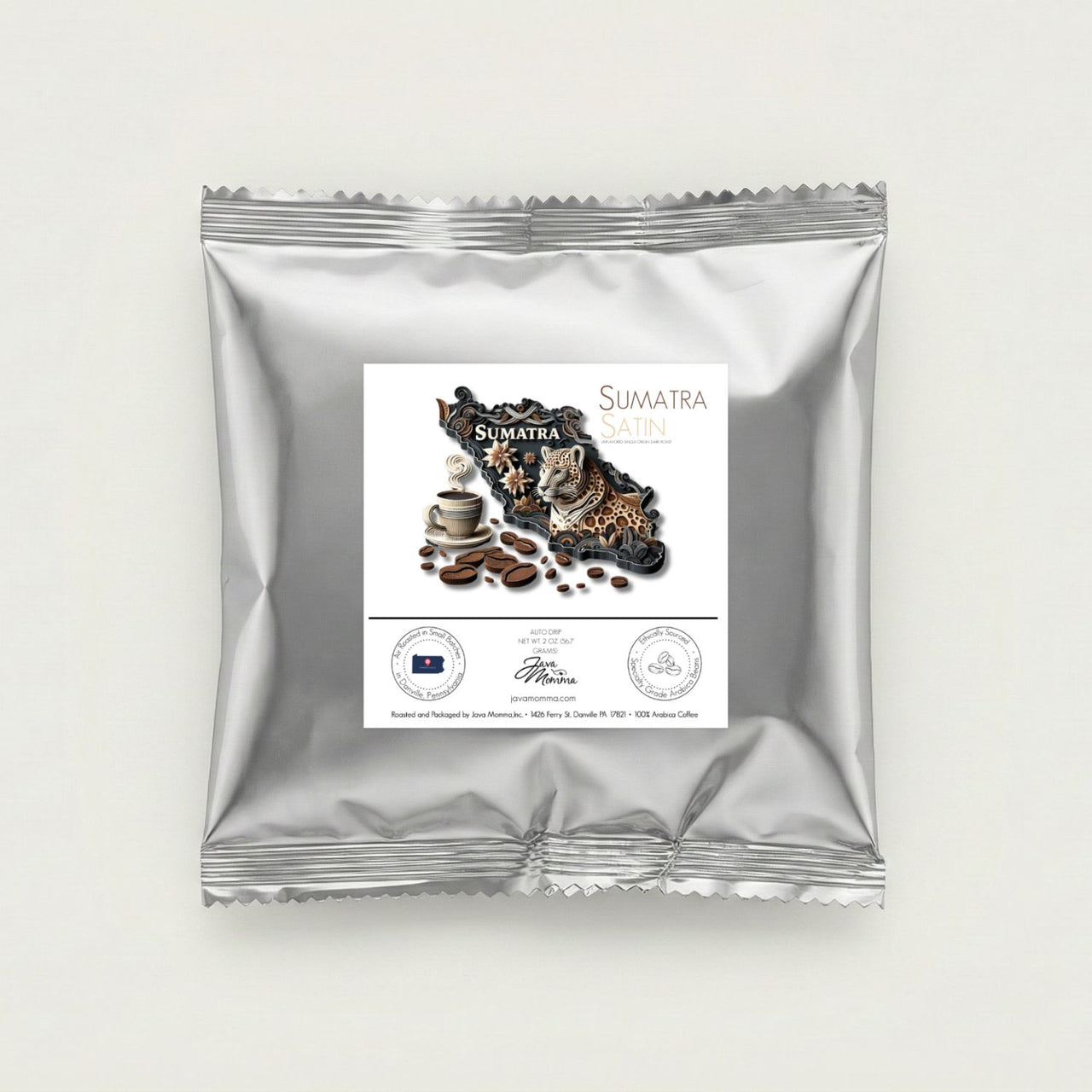 Silver coffee package with Sumatra coffee beans and packaging design on a white background